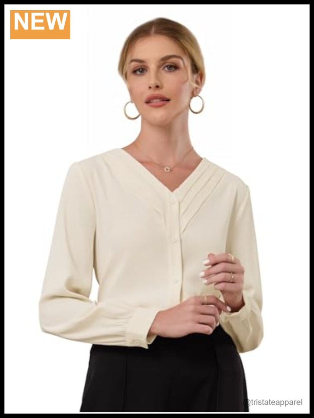 Women's Pleated V Neck Long Sleeve Blouse with Puff Sleeves and Button Front